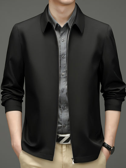 Men's Casual Business Jacket for Elderly - Polyester, Solid Color, Non-Stretch Fabric, Spring/Autumn Wear with Pockets