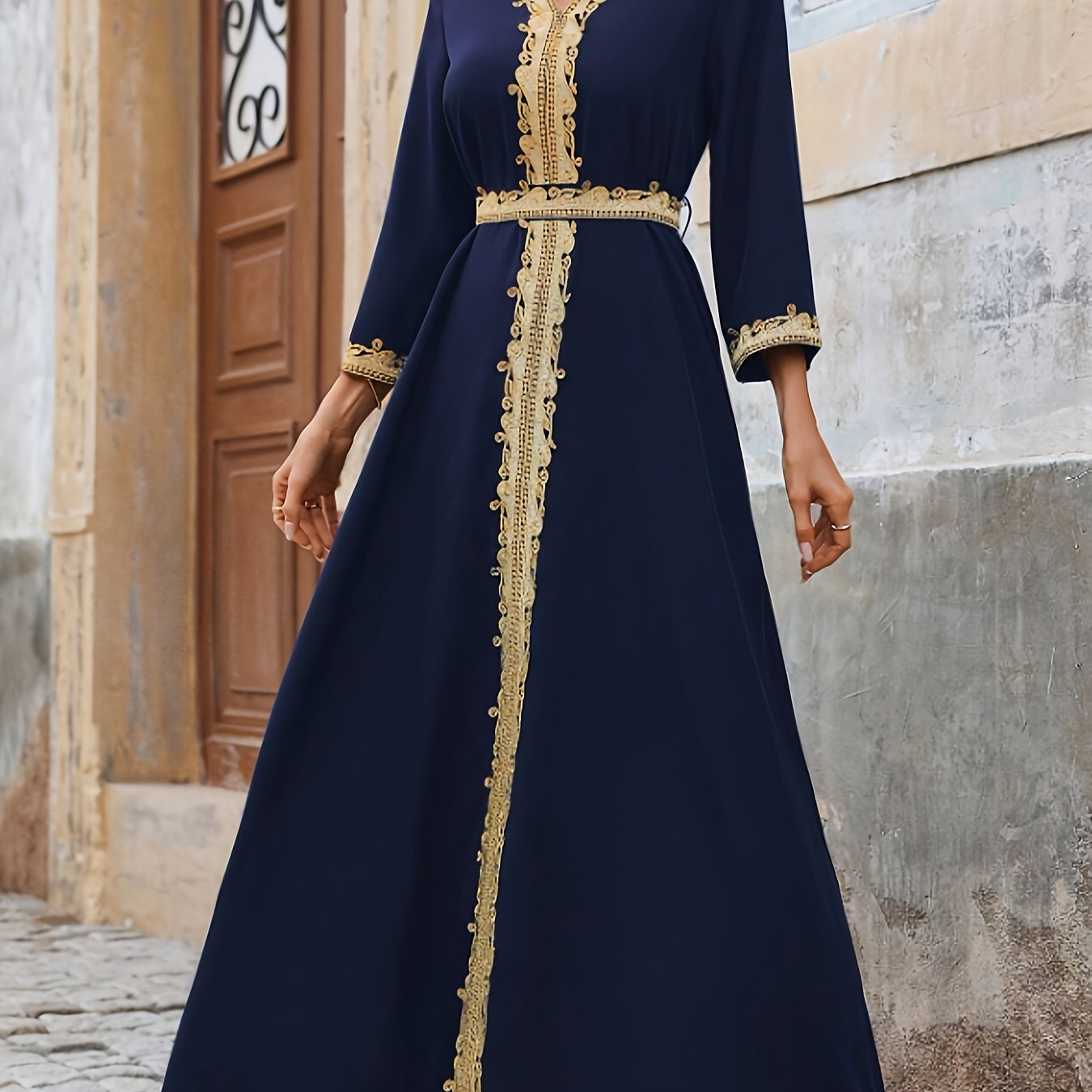 Women's Elegant Middle Eastern Maxi dress - Navy Blue Formal & casual gown with Long Sleeves, Non-Stretchy Elegant attire for Weddings, Cultural Events, Casual Attire - Machine Washable Traditional Dress, Formal Dresses, Vaca