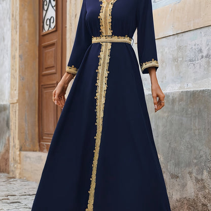 Women's Elegant Middle Eastern Maxi dress - Navy Blue Formal & casual gown with Long Sleeves, Non-Stretchy Elegant attire for Weddings, Cultural Events, Casual Attire - Machine Washable Traditional Dress, Formal Dresses, Vaca