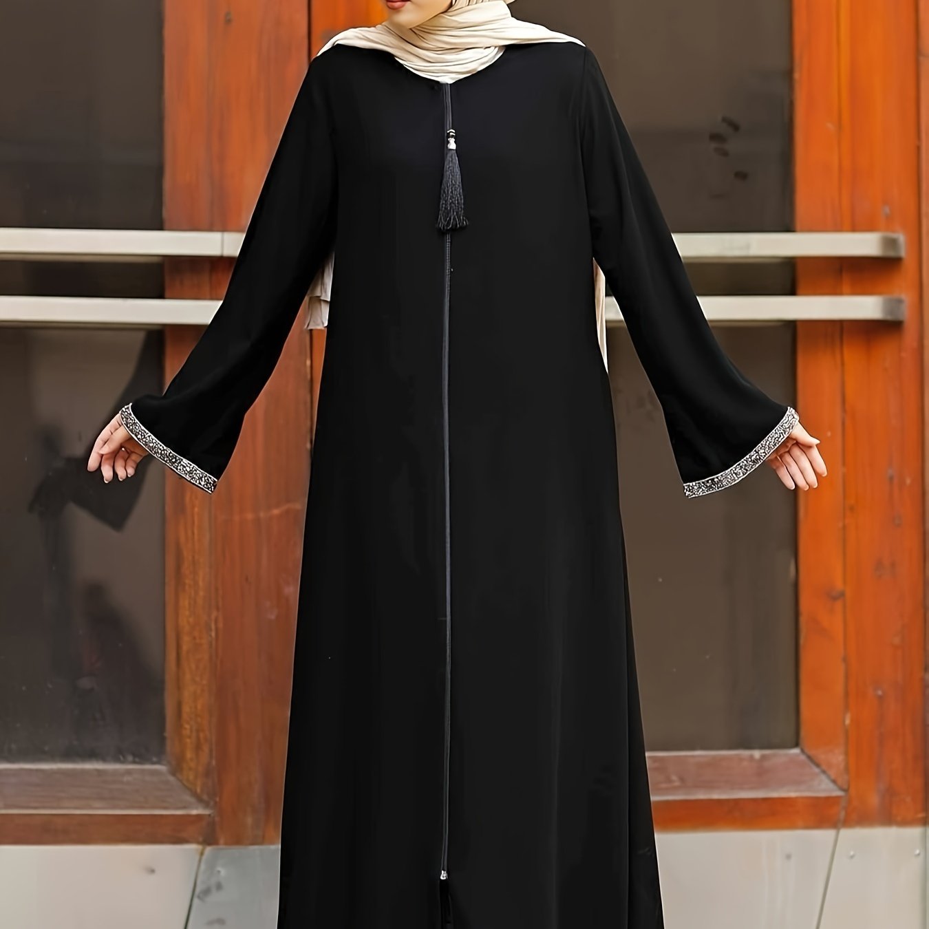 Middle Eastern Muslim Solid Color Zippered Tassel Round Neck Long Sleeve Sequined Women's Casual Abaya & No Headscarf