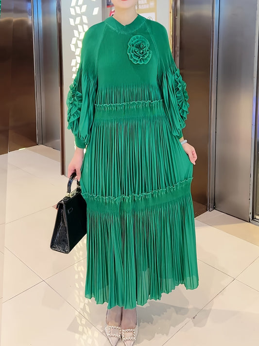[1pc Elegant 3D Floral Embroidery Dress] 1pc Elegant Plus Size Long Dress with 3D Floral Embroidery, Polyester Round Neck A-Line Ruffle Dress, High Stretchability, Solid Color, All Seasons, Casual Outing Style, No Padded, Pul