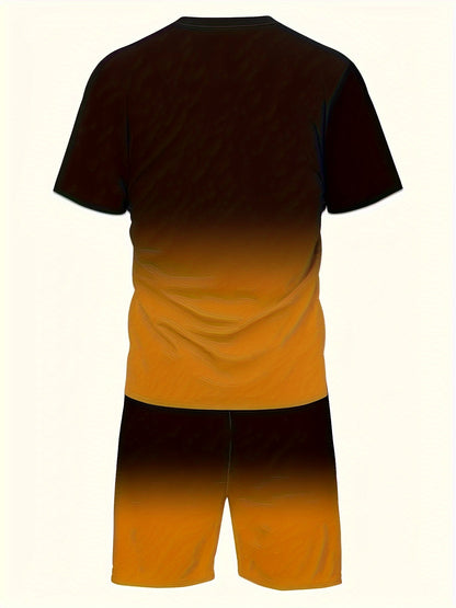 2pcs 2-Piece Gradient Summer Men's Set: Round Neck T-shirt & Elastic Waist Shorts with Pockets