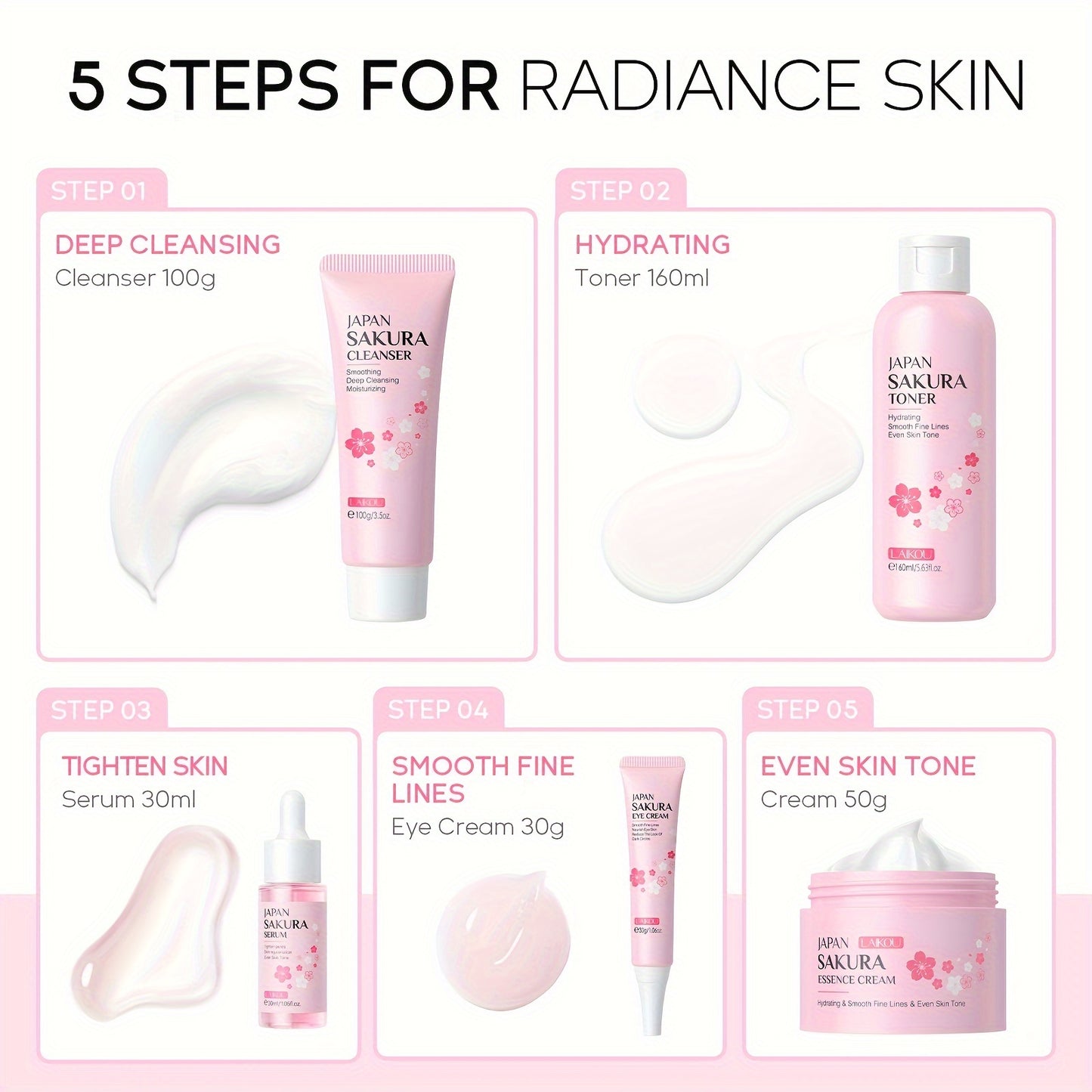 【7pcs Skin Care Set: Toner 5.41oz; Essence 1.01oz; Facial Cleanser 100g; Face Cream 50g; Eye Cream 30g; Hairband; Cleansing Sponge】LAIKOU JAPAN SAKURA SKINCARE SET With Hairband And Cleansing Sponge