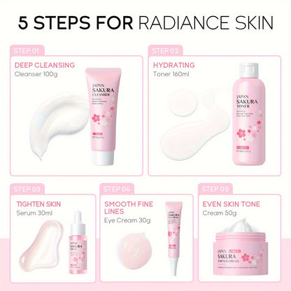 【7pcs Skin Care Set: Toner 5.41oz; Essence 1.01oz; Facial Cleanser 100g; Face Cream 50g; Eye Cream 30g; Hairband; Cleansing Sponge】LAIKOU JAPAN SAKURA SKINCARE SET With Hairband And Cleansing Sponge