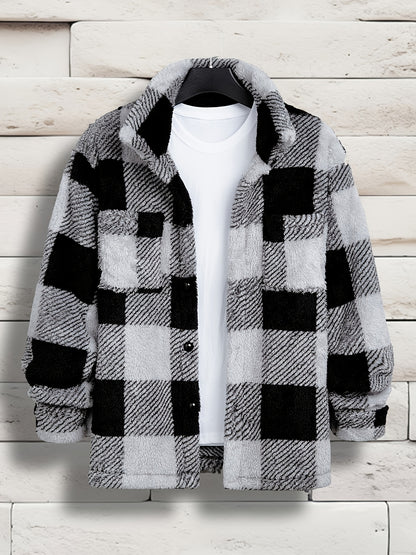 Men's Cozy Plaid Fleece Jacket - Casual Button-Up with Lapel Collar, Long Sleeves for Winter Warmth