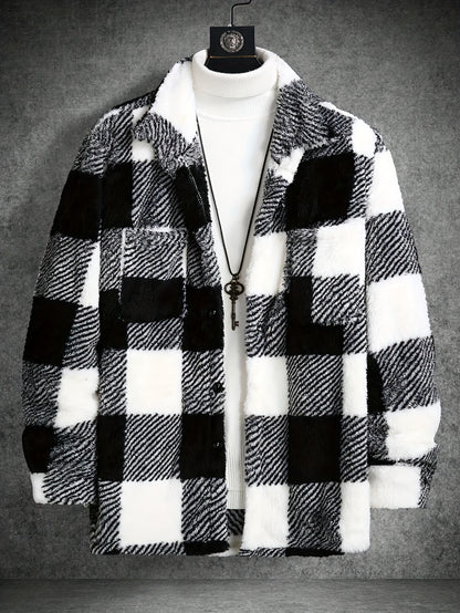 Men's Cozy Plaid Fleece Jacket - Casual Button-Up with Lapel Collar, Long Sleeves for Winter Warmth