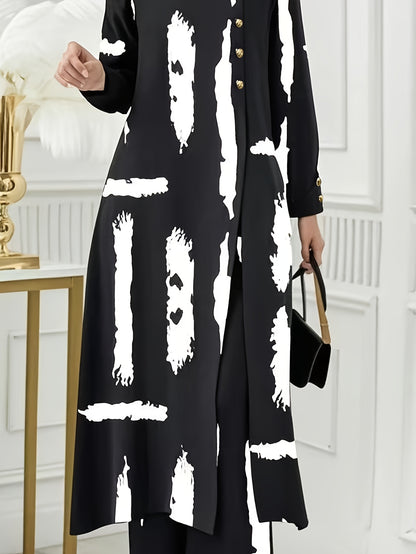 Ramadan, Women Button-Decorated Solid Color Long Sleeve Top & Pants Set, Arabic Style Clothing, Only Clothes, Without Headscarf