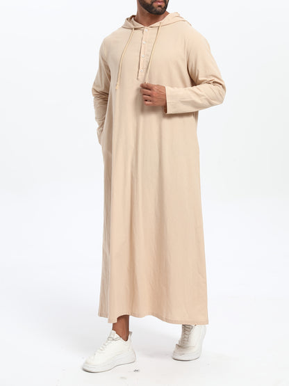 Men'S Arabic Hooded Robe - Traditional Islamic Full-Length Robe with Hood, Beige/Neutral Tones, Non-Stretch Fabric for Formal, Casual, Religious, Everyday & Special Occasions - Middle Eastern Cultural Attire, Muslim Dress, Fo