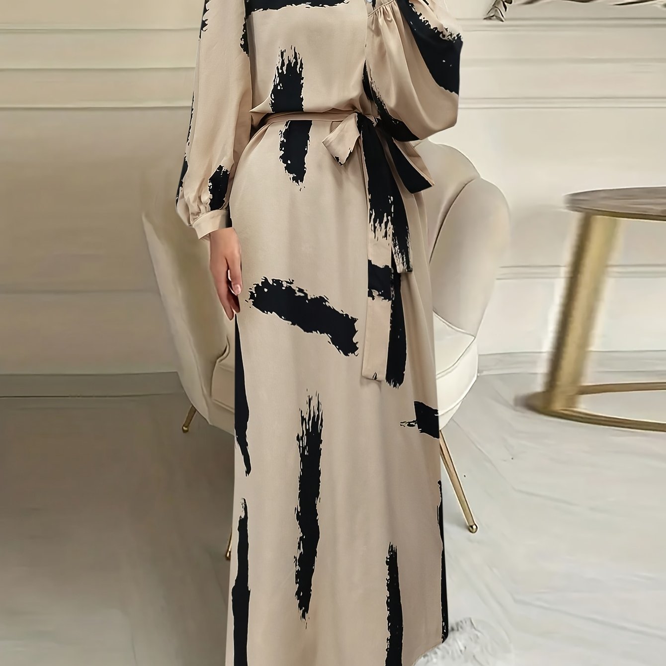 Women's Middle Eastern-Inspired Abaya Robe with Adjustable Waist Belt - Long Sleeve Full-Body Print, Machine Washable Lightweight Fabric, Beige & Black All-Season Modest Cover Dress, Modest Apparel, Flowy Silhouette