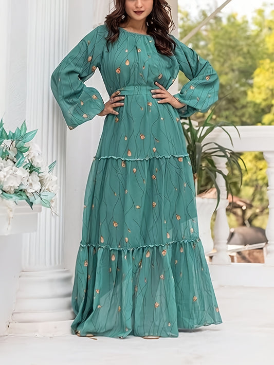 Women's Elegant Turquoise Green Boho Maxi Dress with Puffed Sleeve & A-Line Silhouette - Floor-Length Formal & Everyday Traditional Indian-Inspired Long Dress, Machine Washable for Weddings, Parties, Festivals, Dress for Wome