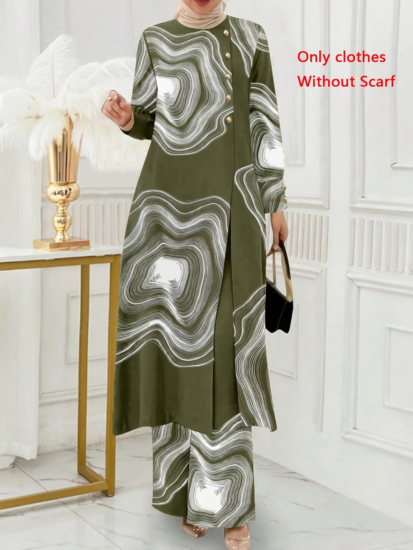 Ramadan, Women Button-Decorated Solid Color Long Sleeve Top & Pants Set, Arabic Style Clothing, Only Clothes, Without Headscarf