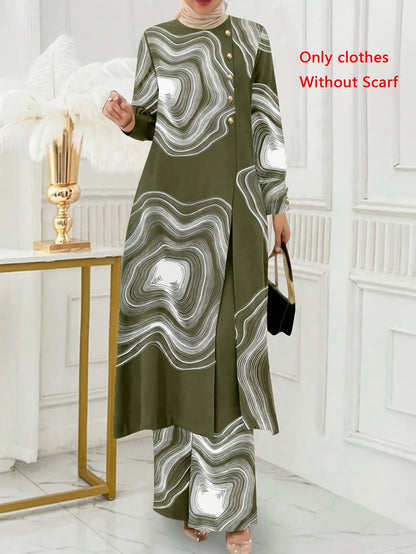 Ramadan, Women Button-Decorated Solid Color Long Sleeve Top & Pants Set, Arabic Style Clothing, Only Clothes, Without Headscarf
