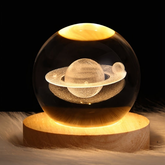 1pc 3D Crystal Ball Night Light - Planet Series USB Plug-in Wooden Base for Bedroom, Office Decoration, and Gift Giving - Unique LED Lighting, Ambience Enhancement, and School Season Party Favor