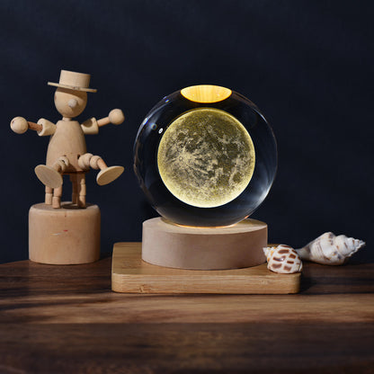 1pc 3D Crystal Ball Night Light - Planet Series USB Plug-in Wooden Base for Bedroom, Office Decoration, and Gift Giving - Unique LED Lighting, Ambience Enhancement, and School Season Party Favor