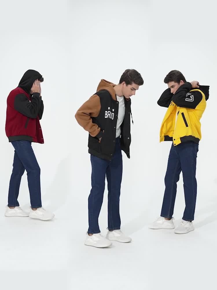 Men'S New Fall/Winter Casual Printed Hooded Baseball Jacket, Knitted Fabric, Regular Fit, Long Sleeve, Letter Pattern, Pocket, Single Button Closure, Daily & Leisure Wear