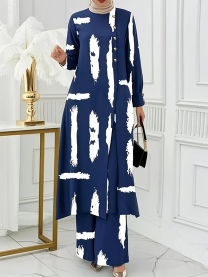 Ramadan, Women Button-Decorated Solid Color Long Sleeve Top & Pants Set, Arabic Style Clothing, Only Clothes, Without Headscarf