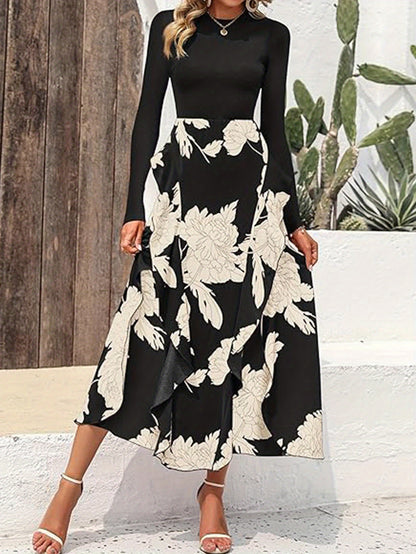 Women Fall Fashion Floral Long Dress, Crew neck Long Sleeve Ruffle Dress, Wedding Party Elegant Dress