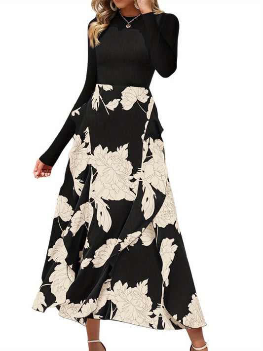 Women Fall Fashion Floral Long Dress, Crew neck Long Sleeve Ruffle Dress, Wedding Party Elegant Dress