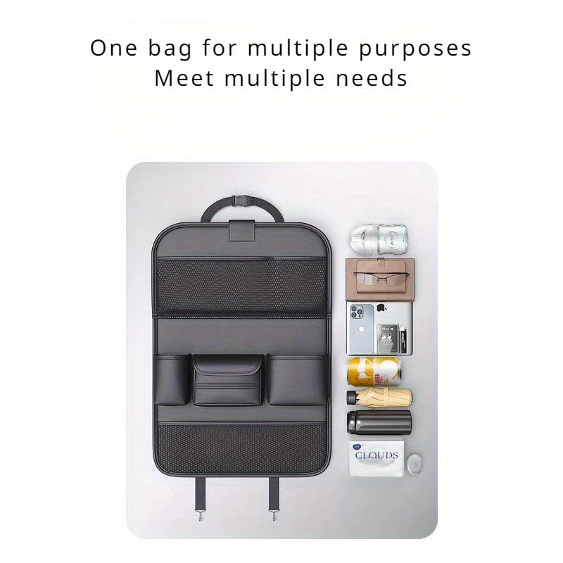 1Pc Genuine Leather Folding Table Automobile Storage Bag, Strong Support Plate, Car Seat Rear Hanging Storage Bag, Car Interior