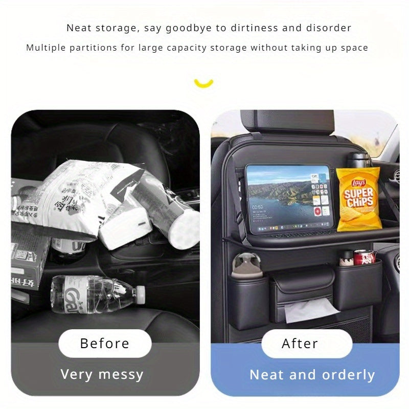 1Pc Genuine Leather Folding Table Automobile Storage Bag, Strong Support Plate, Car Seat Rear Hanging Storage Bag, Car Interior