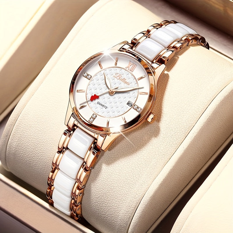 Luxury Ceramic Women's Watch with Rose Golden Case & White Dial - Quartz Movement, Date Display, Heart Accents - Elegant Valentine's Day Gift for Her, Date Feature Watch | Heart Motif Watch | Ceramic Strap Watch