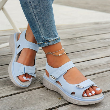 Women's Elegant Mary Jane Sandals - Adjustable Hook-and-Loop Ankle Strap, Breathable PU Cover Upper & Cushioned Insole, Comfortable Wedge Heel for Summer Beach, Casual & Outdoor Wear - Solid Color Design, Summer Beach Footwea