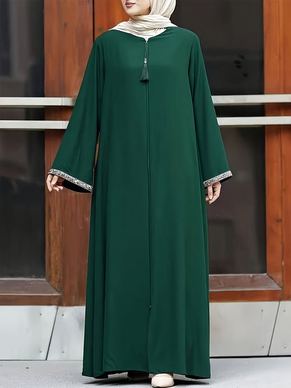 Long-sleeve zip-up kaftan dress, elegant maxi dress with contrast trim and fringe