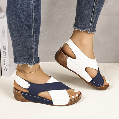 Women'S Color-Block Wedge Sandals - Open-Toe Summer Beach Shoes with Adjustable Hook-and-Loop Straps, Comfortable PU Upper & Cushioned Insole for Outdoor Wear, Strappy Sandals, Beach Footwear, Stylish Wedge Design, Durable Tr