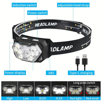 2pcs Super Bright 11000LUMEN Rechargeable Headlamp, Motion Sensor with 6 Lighting Modes for Outdoor Fishing & Camping, 9LED, White Red Light Flashlights