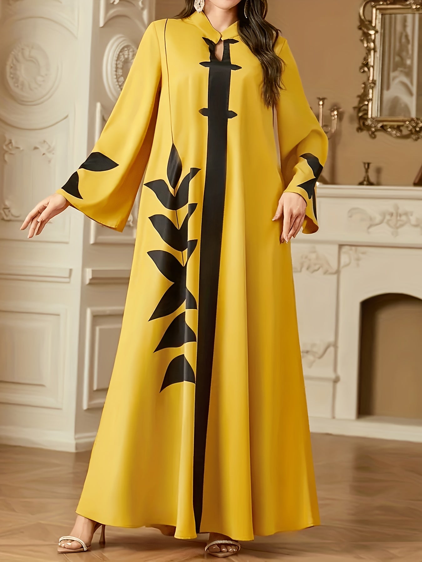 Elegant Yellow Floral Print V-Neck Kaftan Dress - Traditional Loose Fit Long Sleeve Maxi with Black Floral Patterns, Perfect for All Seasons, Festive Attire | Vneck Dress | Polyester Fabric