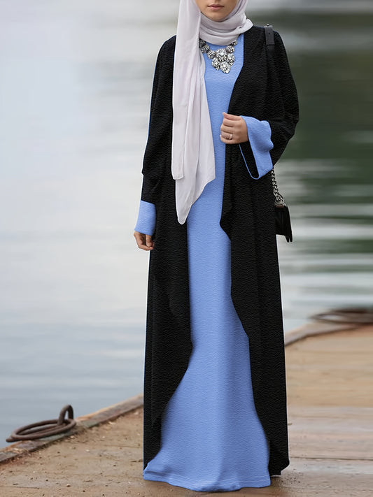 Women's Middle Eastern Muslim Solid Color Long Dress + Robe Jacket Two-Piece Set
