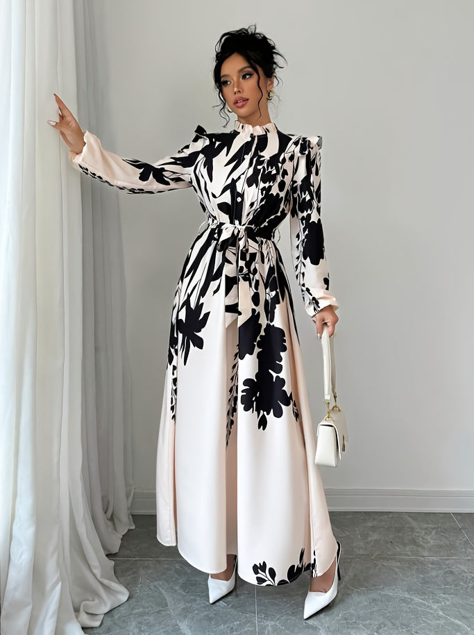 Women's Floral Print A-Line Dress with Puff Sleeves & Cinched Waist - Semi-Sheer Long Dress, Black & Floral Pattern, Stand-Up Collar, Machine Washable for Spring/Fall, Elegant Office to Party Wear, Floral Print Dress, Spring