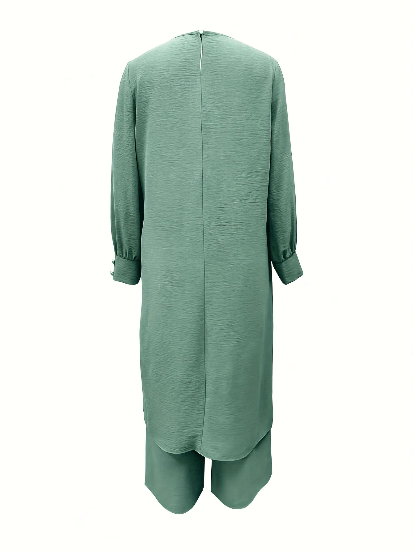 Ramadan Women'S Solid Color Button Design Long Sleeve Top and Pants Set, Arabic Style, Polyester, with Faux Button Detail, for All Seasons