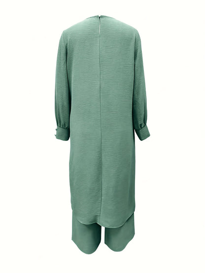 Ramadan Women'S Solid Color Button Design Long Sleeve Top and Pants Set, Arabic Style, Polyester, with Faux Button Detail, for All Seasons