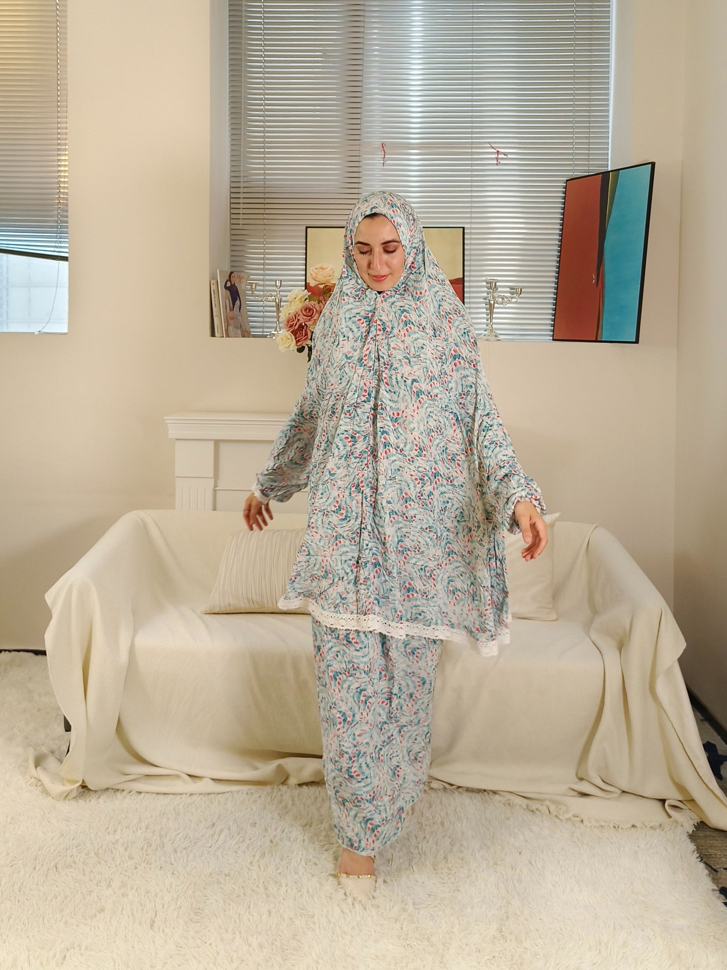 [1pc Long Sleeve Prayer Robe Set] 1pc Traditional Middle Eastern Muslim Women'S Fashion Hooded Prayer Robe Set, Geometric-Pattern Rayon/Viscose, Long Sleeve, Loose Fit, Woven Applique, Non-Stretch Fabric, Spring/Summer/Fall -