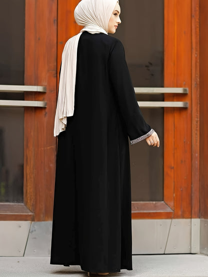 Middle Eastern Muslim Solid Color Zippered Tassel Round Neck Long Sleeve Sequined Women's Casual Abaya & No Headscarf