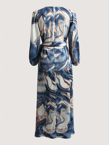 Vibrant Middle Eastern Inspired Print Long Dress - Dresses for Women - Polyester Woven Fabric, Round Neck, A-Line Skirt, Color Block Design, Comfortable and Stylish for All Seasons and Occasions