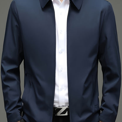 Men's Casual Business Jacket for Elderly - Polyester, Solid Color, Non-Stretch Fabric, Spring/Autumn Wear with Pockets