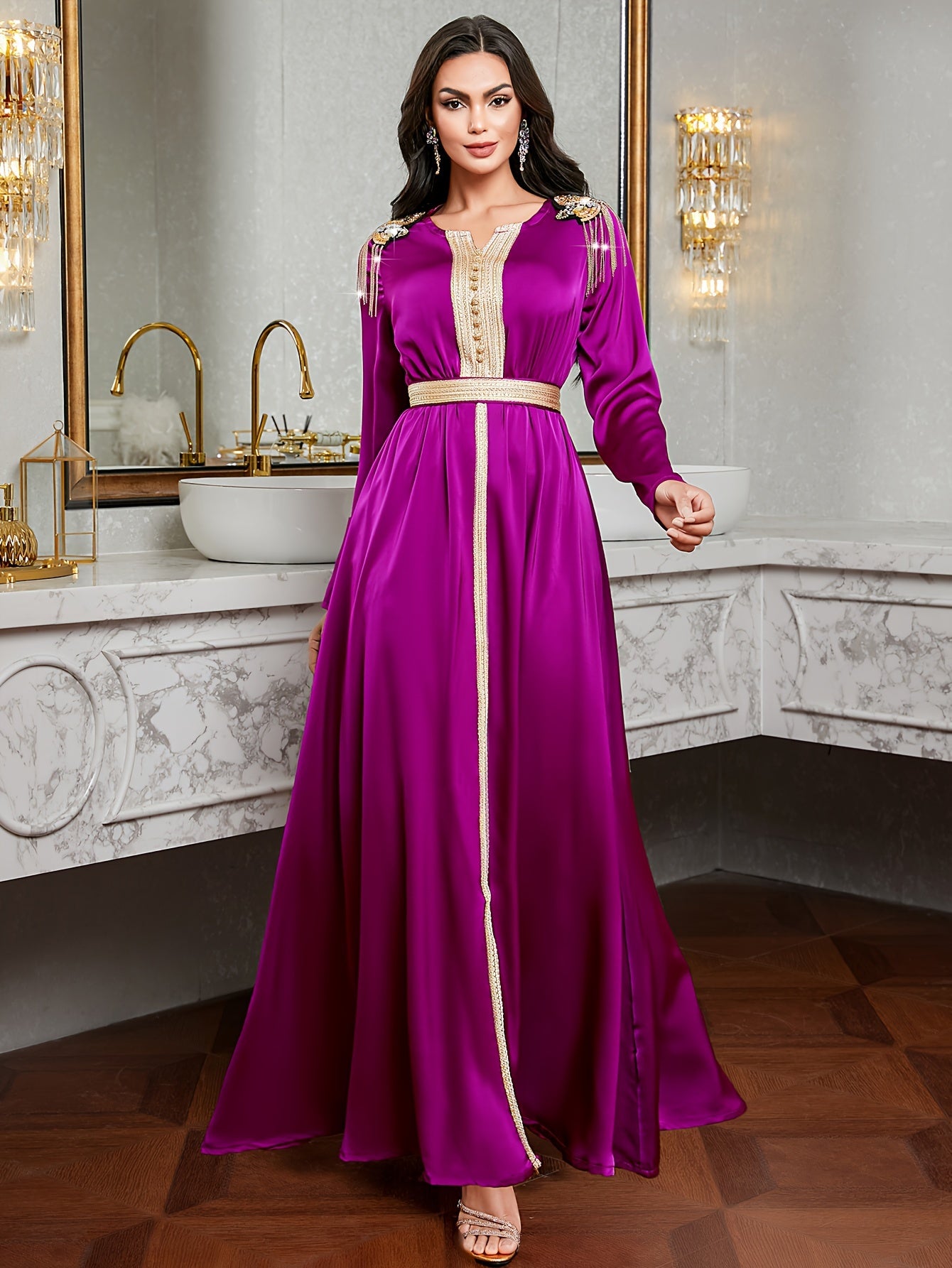[Purple Elegant Dress] Elegant Purple 7023 Long Dress | Golden Embroidery, Tassel Detail, Belted, All-Season Wear, Formal Event Attire, Formal Attire, Embroidered Dress, Detailed Embroidery