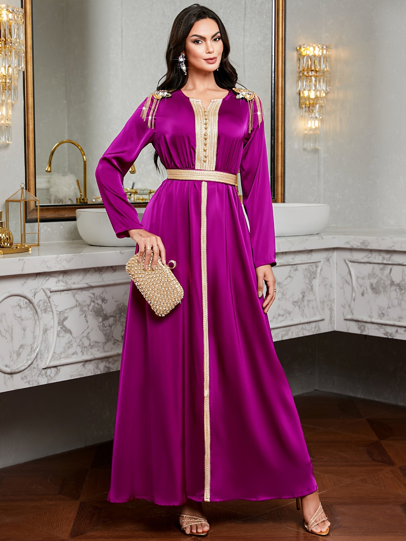 [Purple Elegant Dress] Elegant Purple 7023 Long Dress | Golden Embroidery, Tassel Detail, Belted, All-Season Wear, Formal Event Attire, Formal Attire, Embroidered Dress, Detailed Embroidery