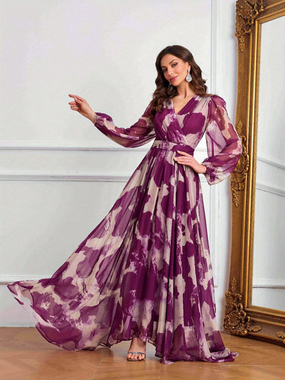Women's Elegant V-Neck Long Formal Dress - Non-Stretchy Flowy Gown in Purple/White/Black/Gray/, Belted Waist for Weddings, Galas, Office Events - All-Season Formal Party Evening Attire, Long Sleeve Formal Dress, Wedding Guest