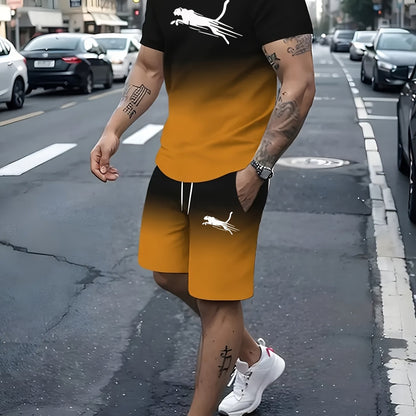 2pcs 2-Piece Gradient Summer Men's Set: Round Neck T-shirt & Elastic Waist Shorts with Pockets