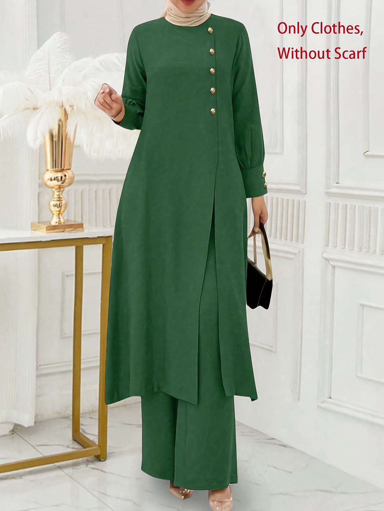 Ramadan Women'S Solid Color Button Design Long Sleeve Top and Pants Set, Arabic Style, Polyester, with Faux Button Detail, for All Seasons