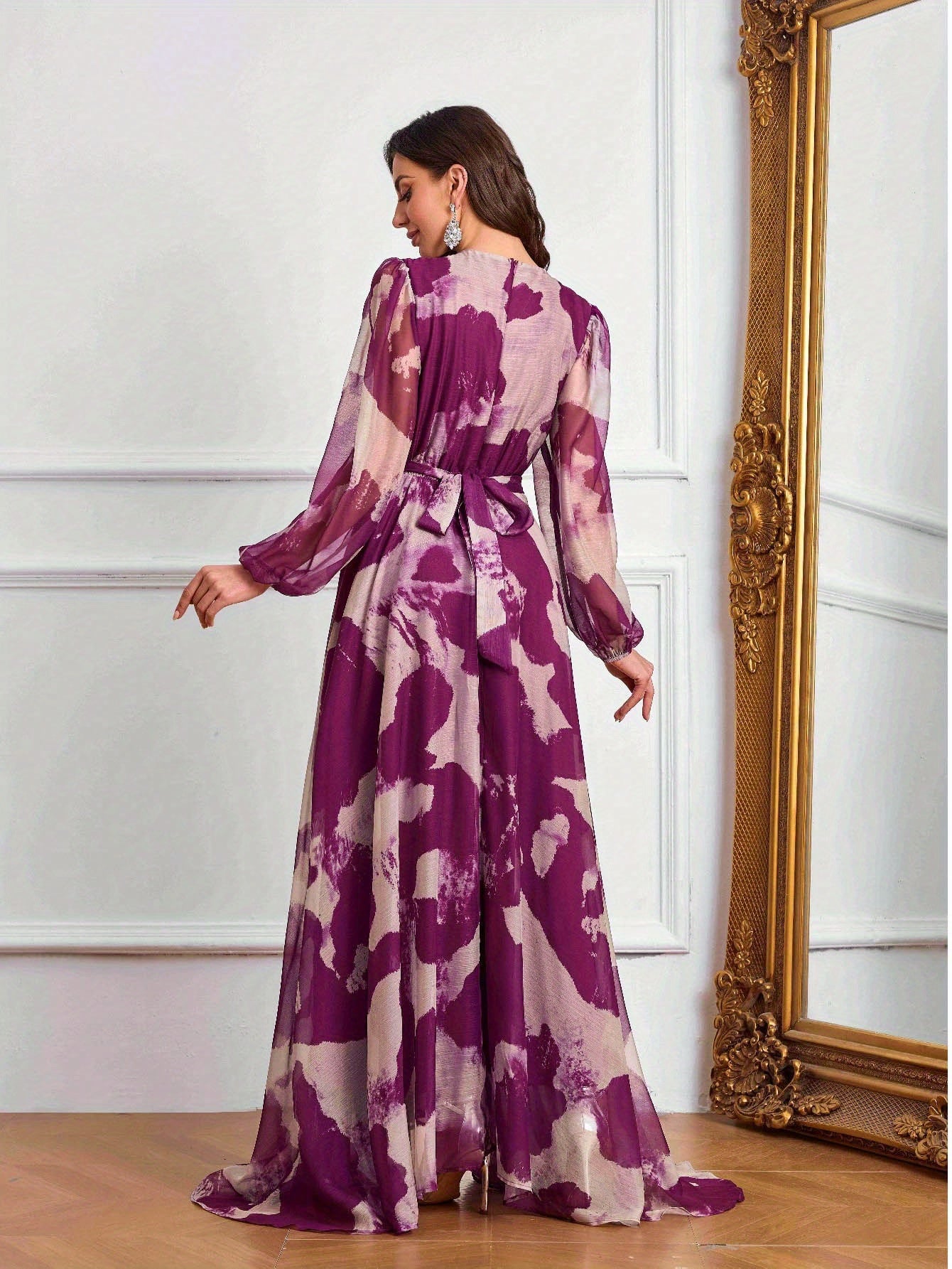 Women's Elegant V-Neck Long Formal Dress - Non-Stretchy Flowy Gown in Purple/White/Black/Gray/, Belted Waist for Weddings, Galas, Office Events - All-Season Formal Party Evening Attire, Long Sleeve Formal Dress, Wedding Guest