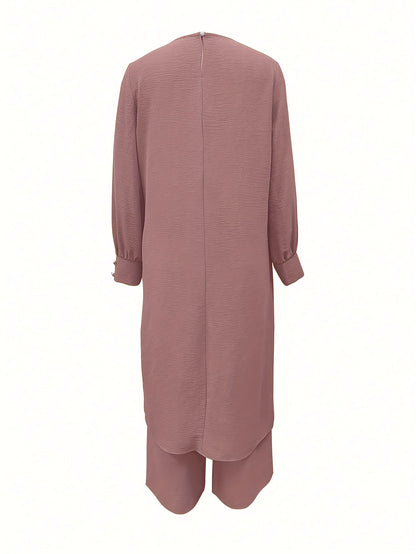 Ramadan Women'S Solid Color Button Design Long Sleeve Top and Pants Set, Arabic Style, Polyester, with Faux Button Detail, for All Seasons
