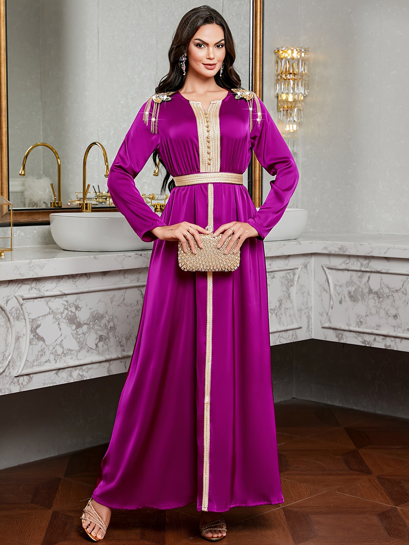 [Purple Elegant Dress] Elegant Purple 7023 Long Dress | Golden Embroidery, Tassel Detail, Belted, All-Season Wear, Formal Event Attire, Formal Attire, Embroidered Dress, Detailed Embroidery