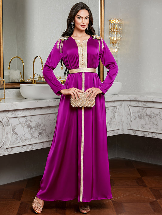 [Purple Elegant Dress] Elegant Purple 7023 Long Dress | Golden Embroidery, Tassel Detail, Belted, All-Season Wear, Formal Event Attire, Formal Attire, Embroidered Dress, Detailed Embroidery