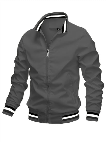 Men'S Retro Hip-Hop Baseball Jacket - Casual Sports Bomber with Stand Collar Zipper, Polyester Fabric - Perfect for Fall and Winter, Casual Weekend Wear, Casual Jacket|Hip Hop Style|Zippered Jacket