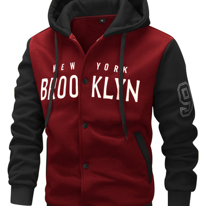Men'S New Fall/Winter Casual Printed Hooded Baseball Jacket, Knitted Fabric, Regular Fit, Long Sleeve, Letter Pattern, Pocket, Single Button Closure, Daily & Leisure Wear