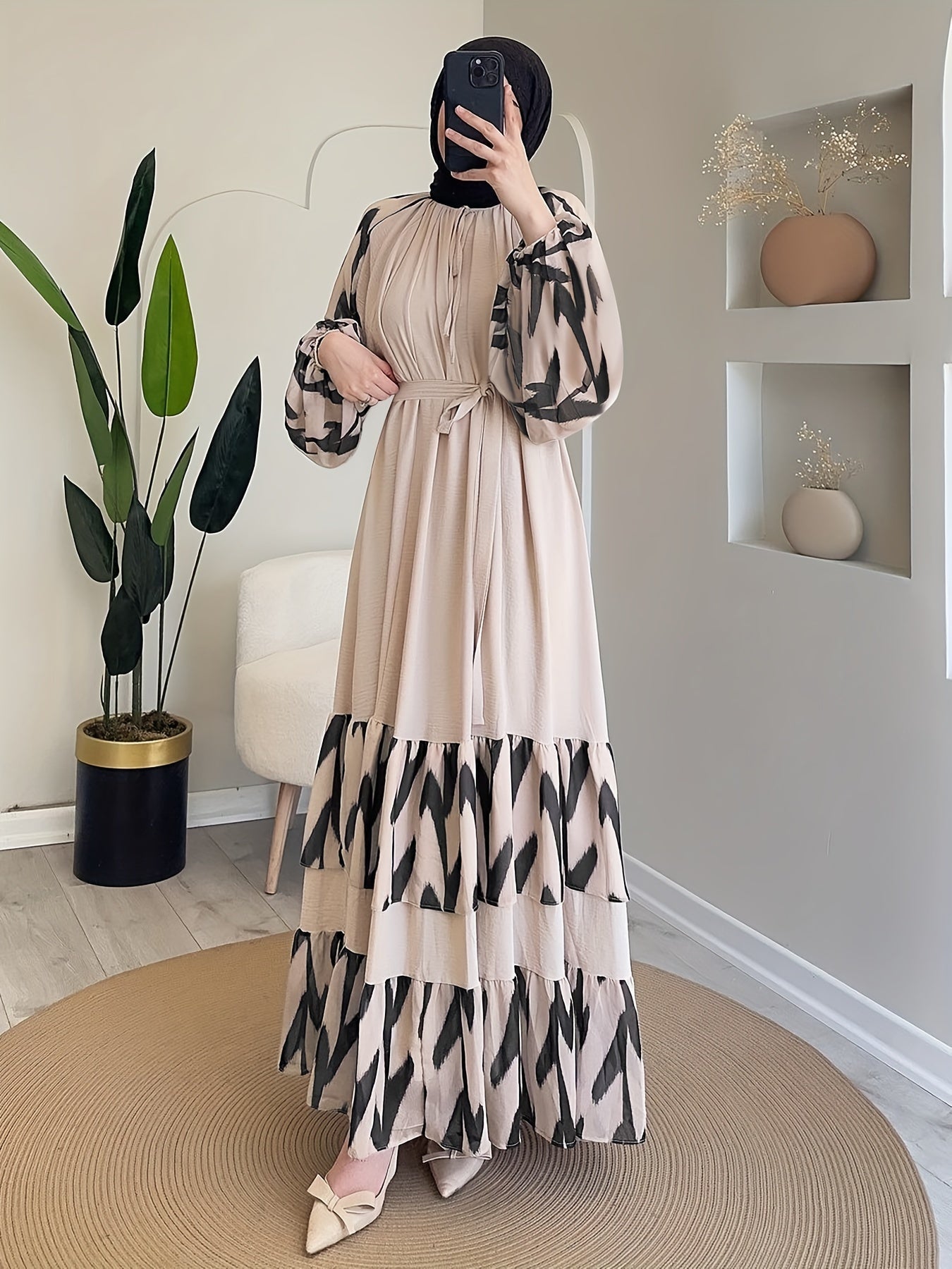 Elegant Women's Long Dress with Belt - Color Block, Lantern Sleeves, Ruffle Hem, Machine Washable - Perfect for Ramadan & Casual Attire
